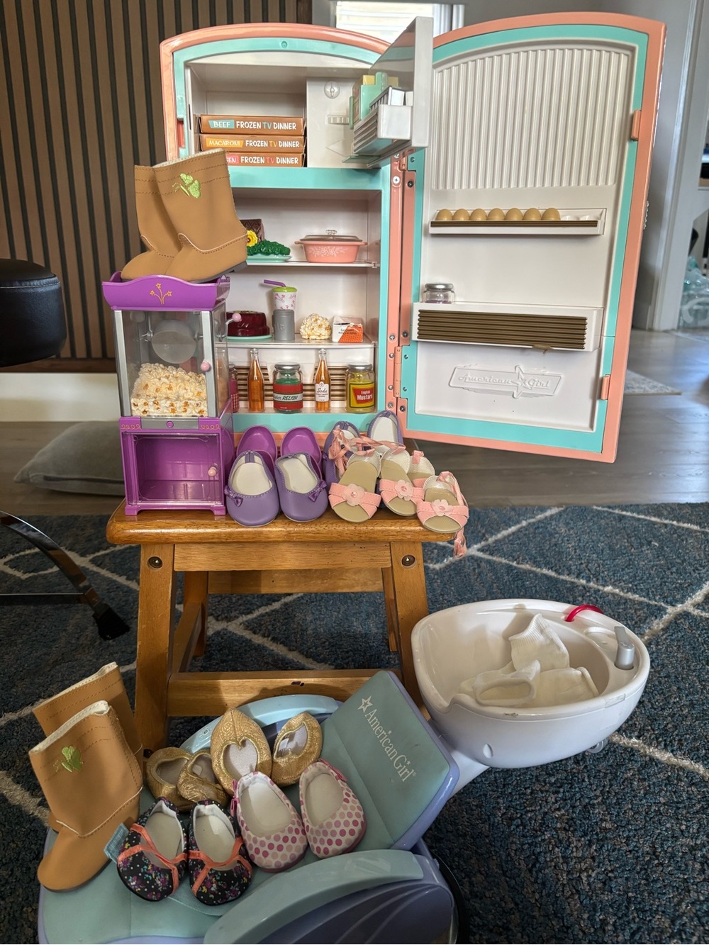 American Girl Pink Retro  Refrigerator, shoes,  pop corn machine and Dryer chair